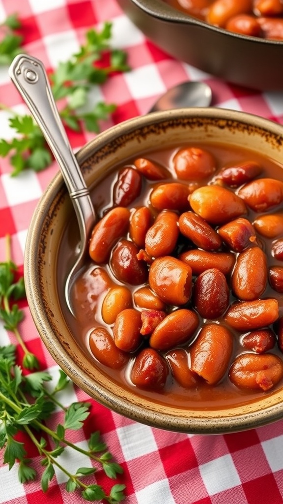 A bowl of savory baked beans with smoky bacon, garnished with herbs, on a checkered tablecloth.